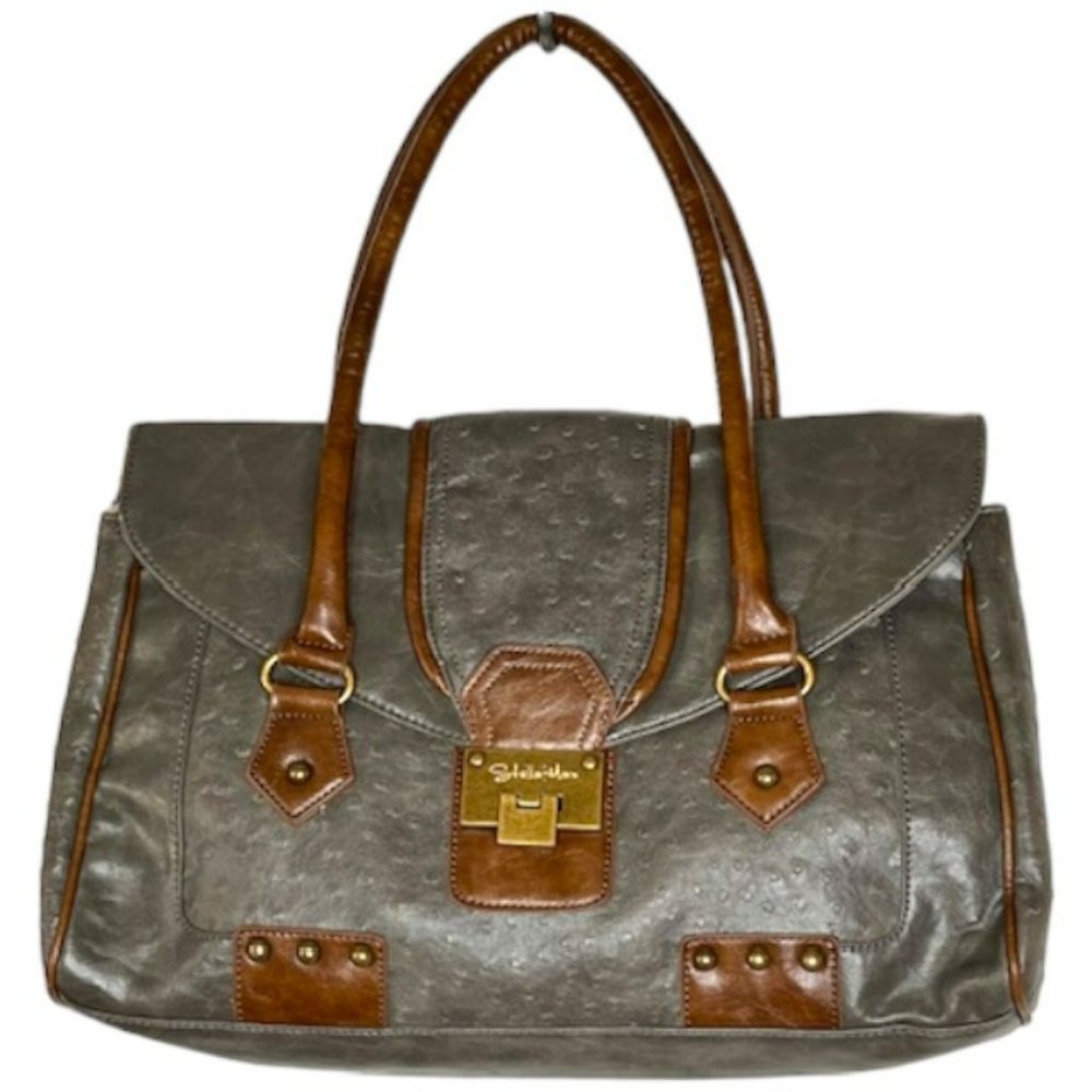 Stella & Max Faux Ostrich Expandable Shoulder Tote - Grey/Brown - 8.5"H x 11”W